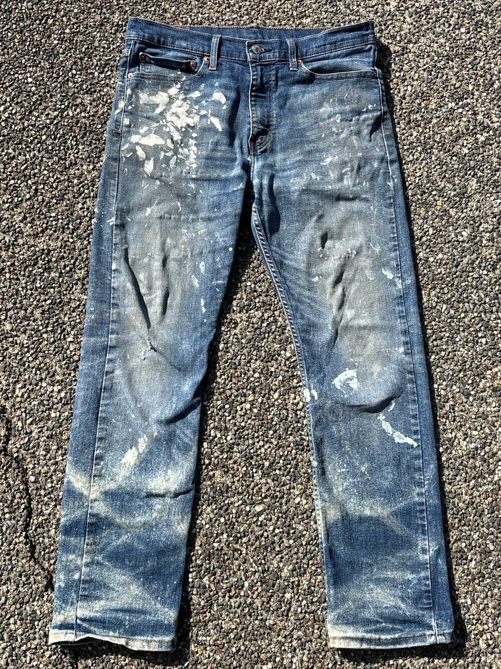 Thrashed Levi’s 513 painters denim grunge 34x32 waffle fade blue jeans splatter